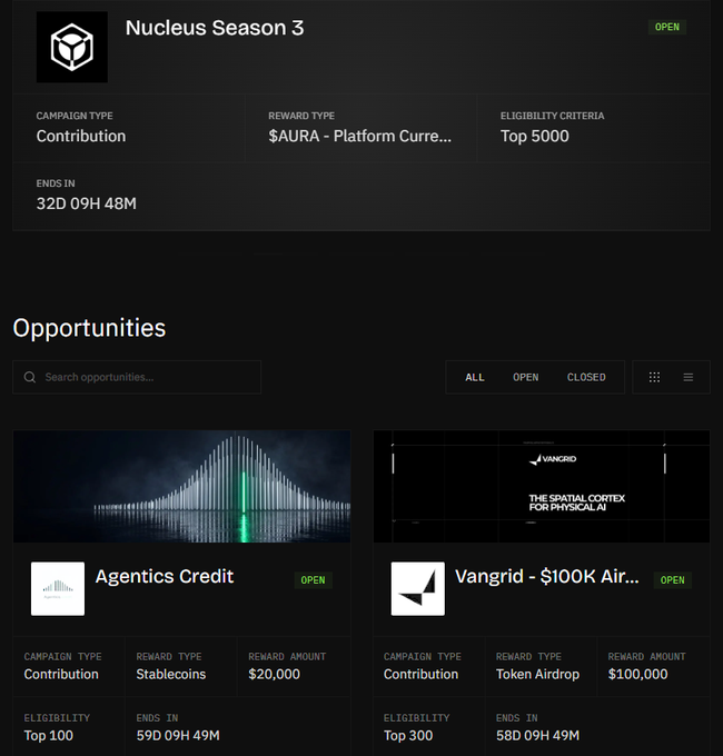 A screenshot of the Nucleus Season 3 dashboard showing opportunities like Agentics Credit and Vangrid $100K Airdrop with eligibility criteria and reward amounts.