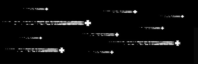 White glitchy horizontal lines and cross symbols streak across a black background, resembling digital artifacts or a video surveillance error.