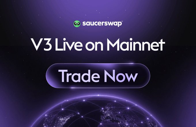 The image features a promotional poster for Saucerswap's new trading platform called V3 Live on Mainnet. The background of the poster displays various planets as part of its design, symbolizing the interconnected nature of the global marketplace. The main focus of the poster is an icon that represents a trade button, and below it, there is information about the V3Live feature and how it can be used by investors.