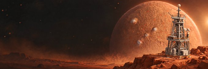 A science fiction scene depicting a metal tower structure on a rocky, red Martian-like surface with a large planet visible in the starry sky.