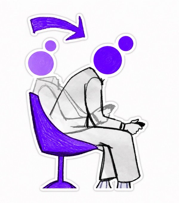 A simple sketch-style illustration depicts a person sitting on a purple chair with purple circular head icons and an arrow above them.