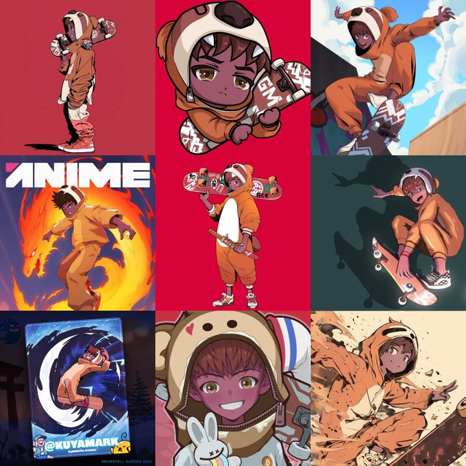 A collage of anime-style illustrations featuring a character in an orange animal onesie with a hood, shown in various action poses including skateboarding, with text 'ANIME' and '@KUYAMARK' visible.