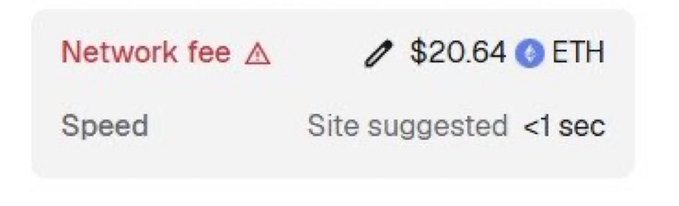 A screenshot shows a cryptocurrency transaction with a 'Network fee' of $20.64 in ETH and a site-suggested speed of <1 sec.