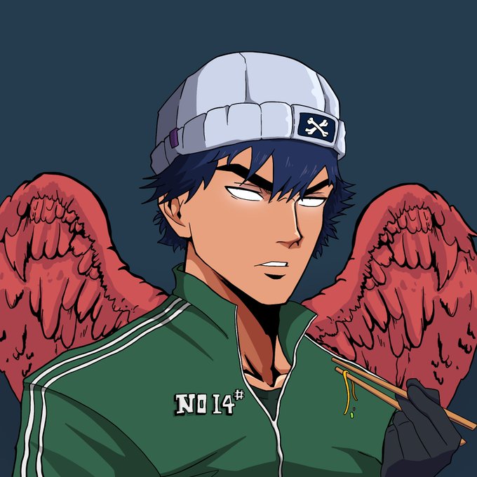 Anime-style illustration of a young man with dark hair wearing a white beanie with crossed-spoons logo, a green tracksuit labeled "NO 14#", and red angel wings, holding chopsticks.