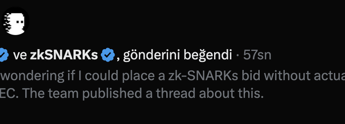 A screenshot of a social media notification showing "ve zkSNARKs" with a verified badge liked a post, with text mentioning a "zk-SNARKs bid" and a team-published thread.