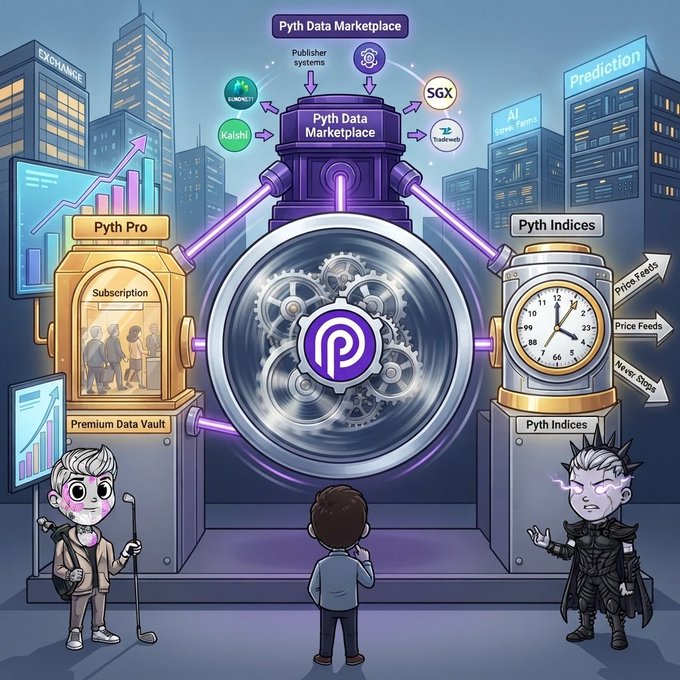 A stylized illustration depicts the Pyth Network's "three engine flywheel" as three interconnected machines labeled "Pyth Pro" (Premium Data Vault), "Pyth Data Marketplace" (showing publisher logos like Euronext, Kalshi, and SGX), and "Pyth Indices" (Price Feeds), with three cartoon characters observing the central glowing Pyth logo and surrounding financial buildings labeled "Exchange" and "Prediction."