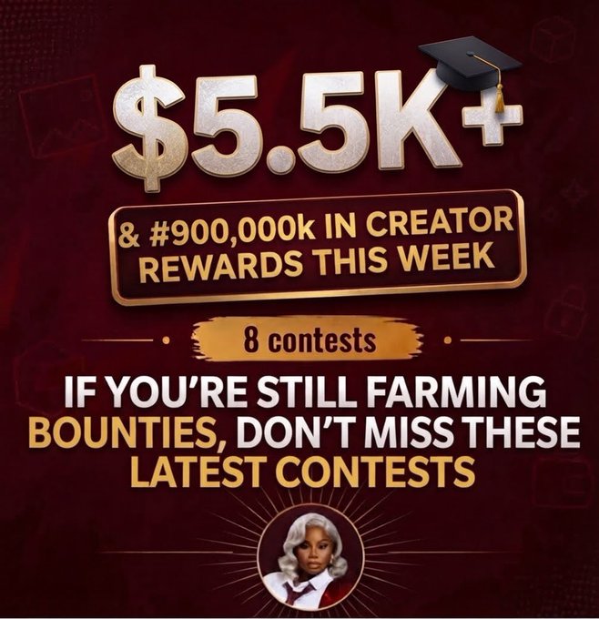 A promotional graphic with a maroon background highlights "$5.5K+ & #900,000k in Creator Rewards this Week" across 8 contests, featuring a graduation cap on the dollar sign and a character portrait at the bottom. The image visually reinforces the post's call to action, urging bounty farmers not to miss out on these new creator opportunities and cash prize contests.