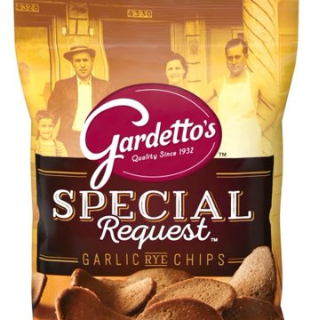 A bag of Gardetto's Special Request Garlic Rye Chips is shown, featuring vintage family photographs on the packaging with text reading "Quality Since 1932."