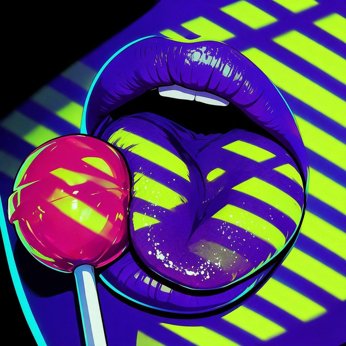 A vibrant, stylized pop-art illustration of glossy purple lips with a pink lollipop against a background of purple and neon yellow-green diagonal stripes.