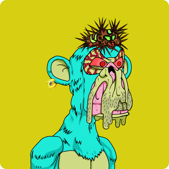A vivid cartoon illustration depicts a grotesque, mutated monkey creature with bright cyan fur, multiple green-glowing eyes atop its head, and a melted, disfigured face dripping in slime. The surreal NFT artwork corresponds to the "Mutant #4815" referenced in the post, a piece purchased for 1.22 ETH as part of the "Return to Monke" collection.