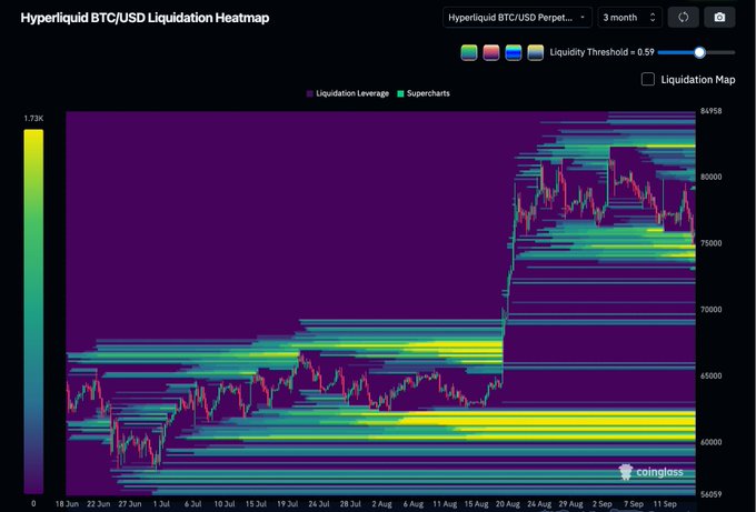 A 3-month BTC/USD Liquidation Heatmap from Hyperliquid showing liquidation leverage levels with dense yellow/green bands around the 65,000-75,000 price range, displayed via Coinglass.