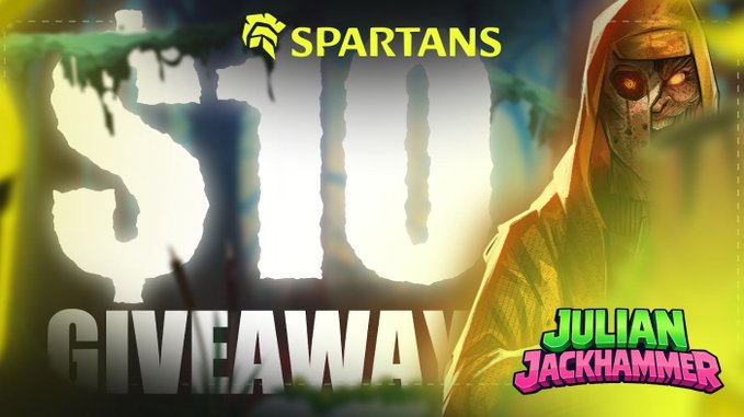 The image features a poster for a $10 giveaway, with an illustration of a person wearing a hooded sweatshirt and holding a gun. The text on the poster reads "SPARTANS $10 GIVEAWAY Julian Jackhammer Follow @spartanscom Drop your $SOL wallet".