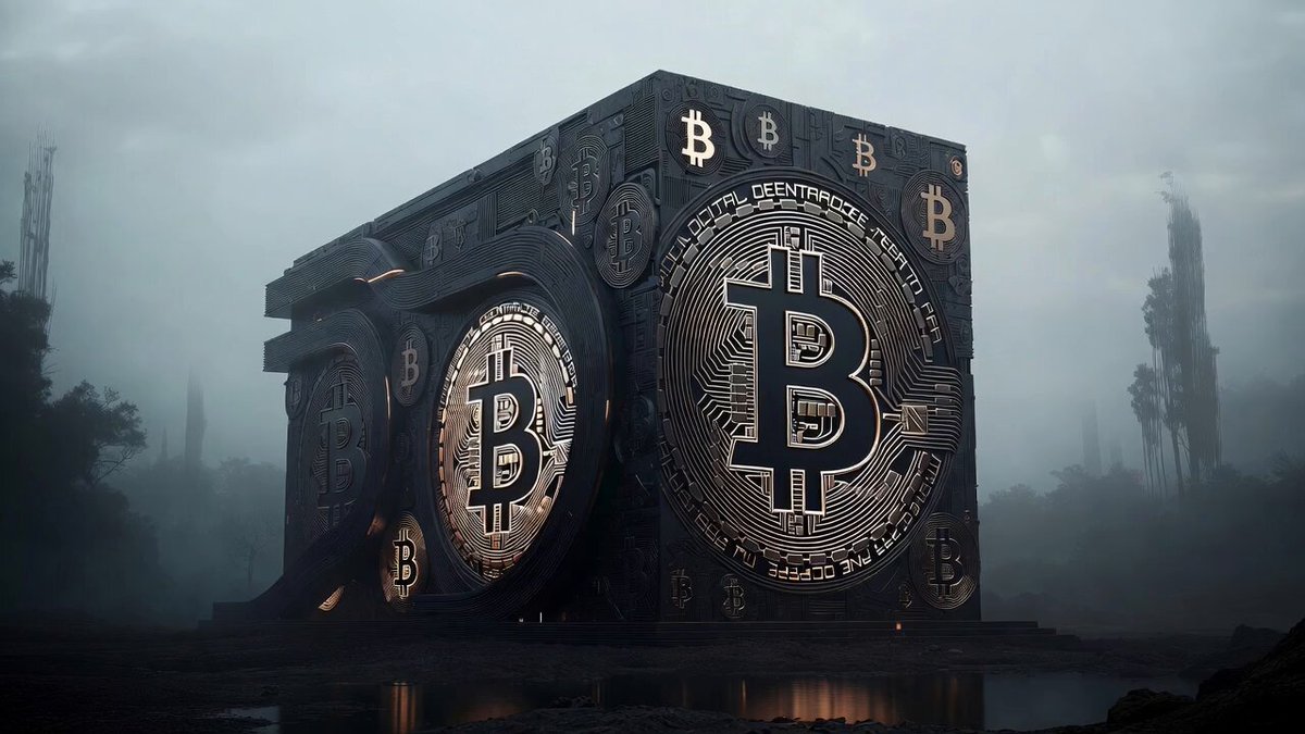 The image features an intriguing scene of a large black cube with a Bitcoin logo on its side, situated outdoors. The cube appears to be made out of metal or stone, giving it a unique and artistic appearance. In the background, there are trees that add a touch of nature to the composition. The post accompanying this image discusses the cryptocurrency market, specifically Bitcoin, and provides insights into its performance during an economic crisis. It highlights how Bitcoin has managed to maintain its value despite the challenging conditions, with interest rates remaining stable and long-term holders viewing the weakness as a healthy correction rather than a sign of impending doom.