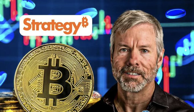 Michael Saylor appears alongside a Bitcoin token and the Strategy logo, visually accompanying news that his company has sold 1,637 BTC worth $102 million.