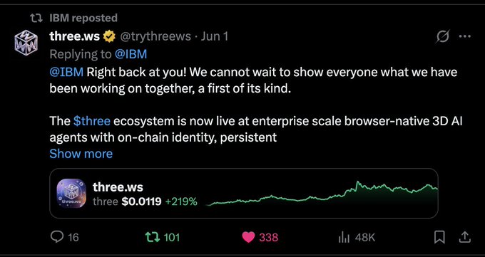 This is a screenshot of a social media post by IBM. The post contains a list of different mentions related to cryptocurrency, with each mentioning having a dollar amount associated with them. Some mentions include "$USELESS", "$ANI", "$PENGUIN", and "$TROLL". Another description in the text seems to be about Ethereum.