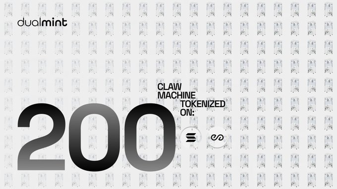 dualmint promotional graphic displaying '200 CLAW MACHINE TOKENIZED ON:' along with the Solana and Protocol logos, against a patterned background of small claw machine illustrations.
