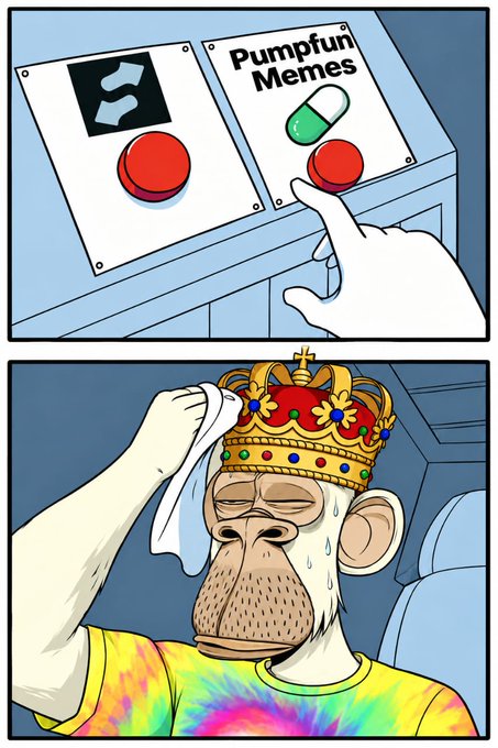 A two-panel cartoon meme where a hand presses a 'Pumpfun Memes' button on a control panel, and below, a sweating monkey wearing a crown wipes its brow in a tie-dye shirt.