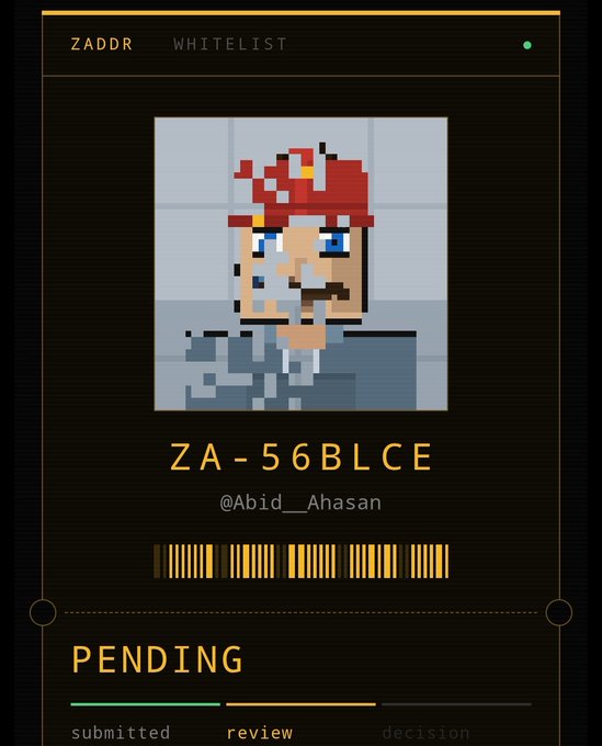 A digital whitelist interface showing a pixel art portrait of a man with a red cap, labeled 'ZA-56BLCE' by '@Abid_Ahasan' with a 'PENDING' status indicating review.