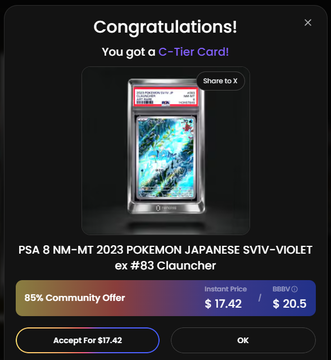 A congratulations pop-up screen announcing a 'G-Tier Card!' won, showing a PSA 8 NM-MT 2023 Pokemon Japanese SVI-Violet ex #83 Clauncher card with an 85% Community Offer for $17.42.