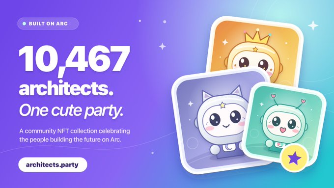 A promotional graphic stating '10,467 architects. One cute party.' The text describes it as a community NFT collection on the Arc blockchain celebrating people building the future. Three cute, colorful character avatars (orange, white, and teal) are shown on the right.