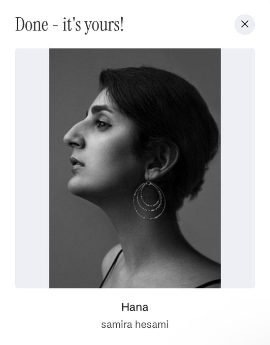 A black and white profile portrait titled "Hana" by samira hesami, showing a woman with short dark hair wearing large, ornate circular earrings.