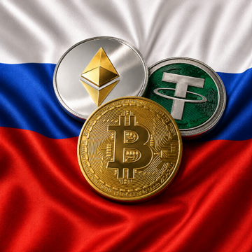 Physical representations of Bitcoin, Ethereum, and Tether (USDT) cryptocurrencies displayed against the Russian flag, visually representing Sberbank's announcement to accept these digital assets as loan collateral for its 100 million customers under new regulations effective September 1.