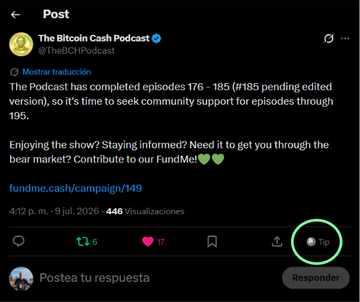 The image shows a post from "The Bitcoin Cash Podcast" (@TheBCHPodcast) announcing the completion of episodes 176-185 and seeking community support via a FundMe campaign (fundme.cash/campaign/149), with a circled "Tip" button highlighted in the bottom right demonstrating the new BCH tipping extension feature.