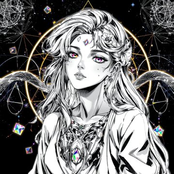A detailed black and white illustration of an ethereal female figure with long flowing hair, purple eyes, and wings, surrounded by mystical symbols including geometric shapes, crystals, and astrological signs.