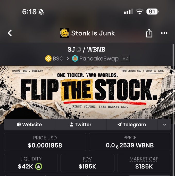 A cryptocurrency tracking app shows the "Stonk is Junk" ($SJ) token on PancakeSwap, priced at $0.0001858 with $42K liquidity, featuring bold banner text "FLIP THE STOCK" playing on its dual identity as both a Nasdaq-listed stock ticker (Scienjoy) and a BNB Chain memecoin.