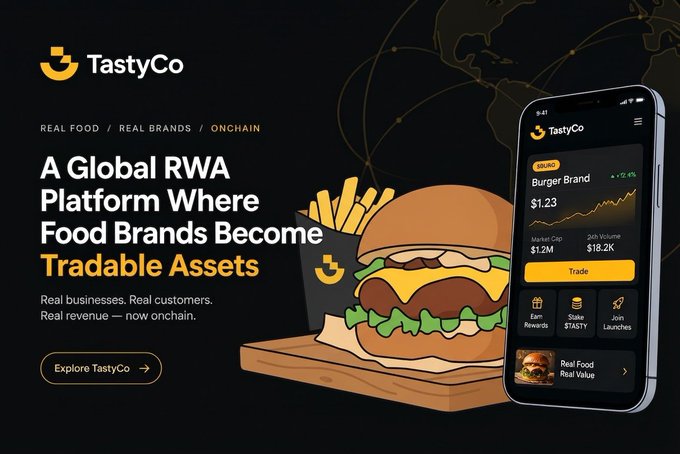 An advertisement for 'TastyCo' describes it as 'A Global RWA Platform Where Food Brands Become Tradable Assets', showing a burger and fries next to a phone displaying the brand 'BURGO' trading at $1.23.
