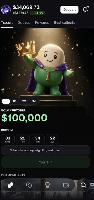 A mobile trading platform displaying a "Solo Cuptober" competition with a $100,000 prize pool, where the user can join via a green "You're in" button, timed at 3 days, 21 hours, 34 minutes remaining, complementing the post's excitement about participating in Pumpfun's October trading event.
