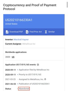 A screenshot of a patent page for 'Cryptocurrency and Proof of Payment Protocol' (US20210166230A1) invented by Marshall Hayner, assigned to Metallicus Inc, with the status marked as 'Abandoned'.