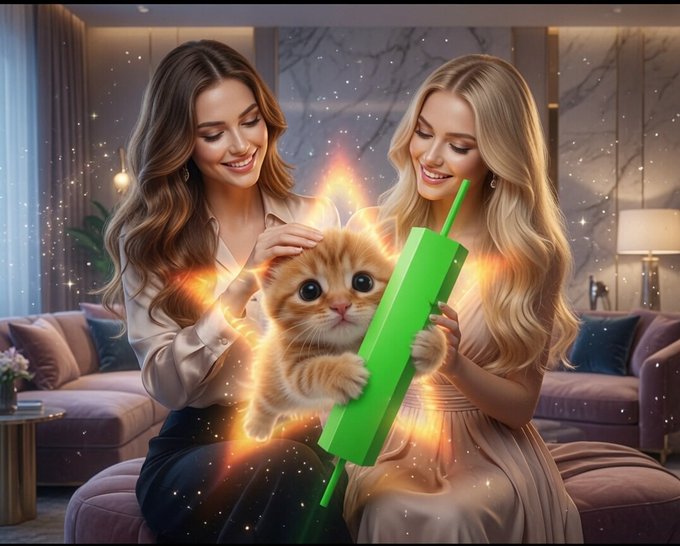 AI-generated image of two smiling women petting a glowing orange kitten that is holding a green bar/object in an upscale living room setting.