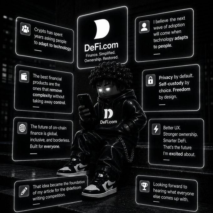 A black-and-white promotional graphic for 'DeFi.com' centered around a character in a hoodie looking at a phone, surrounded by eight text panels detailing their vision for crypto adoption.
