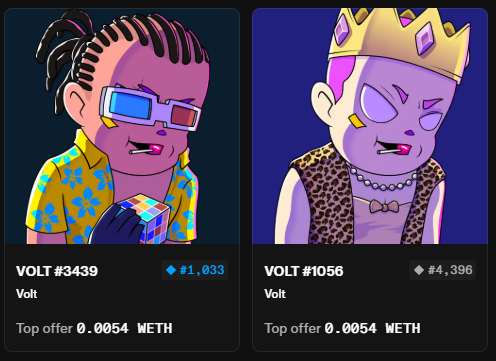 Two cartoon NFT characters from the "Volt" collection (#3439 priced at 0.0054 WETH and #1056 priced at 0.0054 WETH) are displayed alongside their current market values, illustrating the poster's lament about their NFTs falling below mint price.