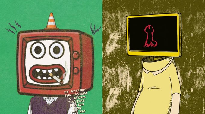 Two cartoon drawings side-by-side: on the left, a TV-headed character smoking a cigarette with text "We interrupt this program to inform you that you will ruin us on the way...", and on the right, a figure in a yellow shirt with a yellow TV screen showing a pink silhouette.