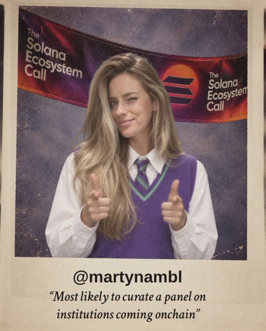 A Polaroid-style photo of a woman giving two thumbs up at 'The Solana Ecosystem Call', captioned '@martynambl' with the text 'Most likely to curate a panel on institutions coming onchain'.