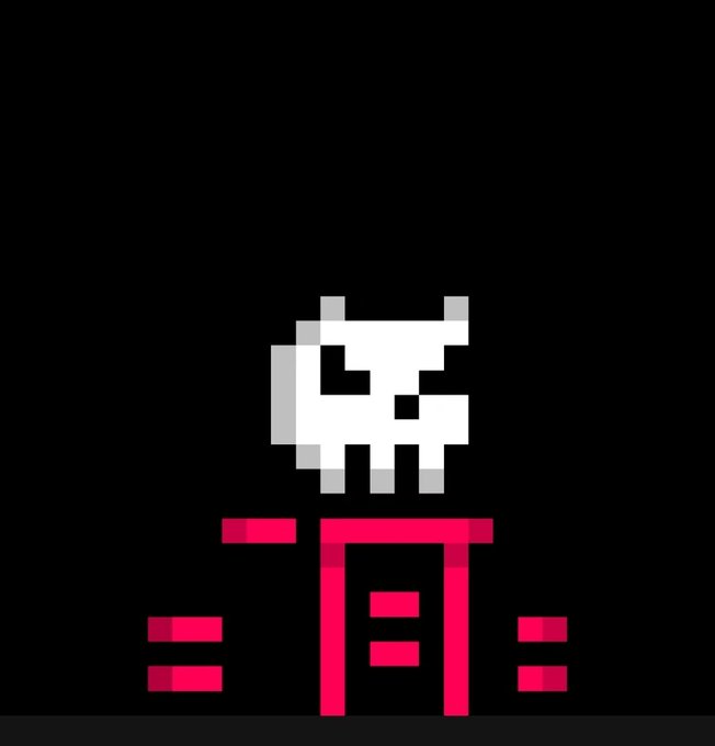 A pixelated graphic of a white cat-like character sitting on a red structure against a black background.