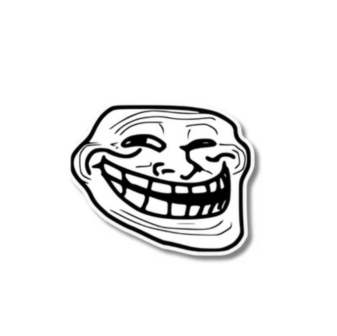 A black-and-white troll face meme illustration featuring the characteristic wide, toothy grin, commonly used in internet culture.