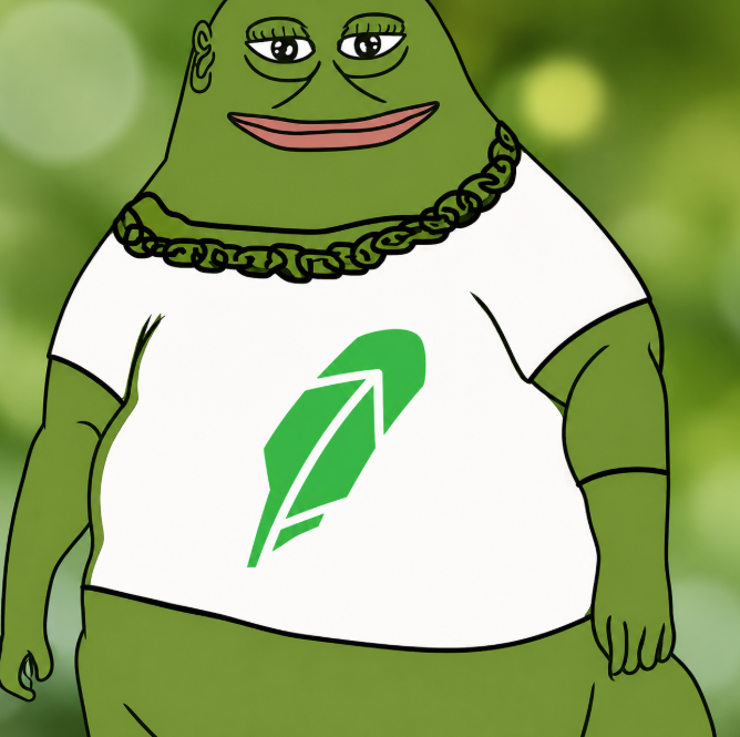 A cartoon illustration of a green Pepe the Frog character wearing a gold chain and a white t-shirt with a green feather/leaf logo, set against a blurred green background.