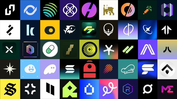 The image features a grid of various logos, including those for companies like Bitcoin, Solana, tokenization, privacy, AI payments, and equities. The logos are arranged in rows and columns against a black background, creating a visually striking contrast that highlights each company's distinct identity. The post discusses the importance of these logos and their relevance to the current state of the financial ecosystem.