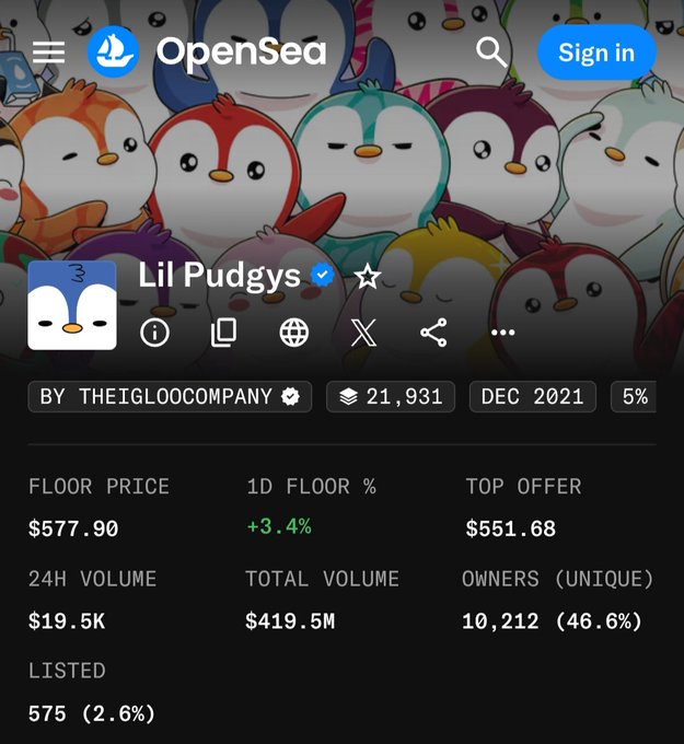 An OpenSea profile page for the 'Lil Pudgys' NFT collection, showing a floor price of $577.90, 24h volume of $19.5K, and 10,212 unique owners.