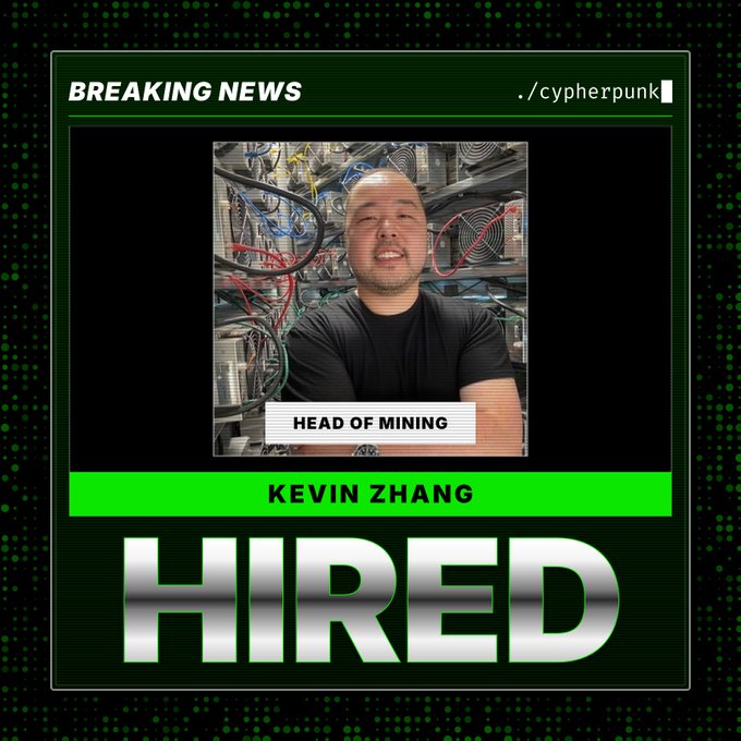 A 'Breaking News' announcement graphic with green accents, featuring a photo of a man in front of mining hardware, labeled 'HEAD OF MINING' and 'KEVIN ZHANG' with the large word 'HIRED' below.