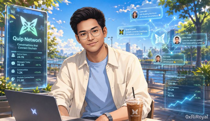 The image features a man sitting at a table with his laptop open, surrounded by various objects such as a coffee cup and a cell phone. The scene takes place outdoors, possibly near a park or a cafe. There are multiple people visible in the background, suggesting that this is a social setting where the man might be engaged in conversation or working on his laptop. The image also contains text elements related to Quip Network, which could indicate that it's an advertisement or promotional material for the network.