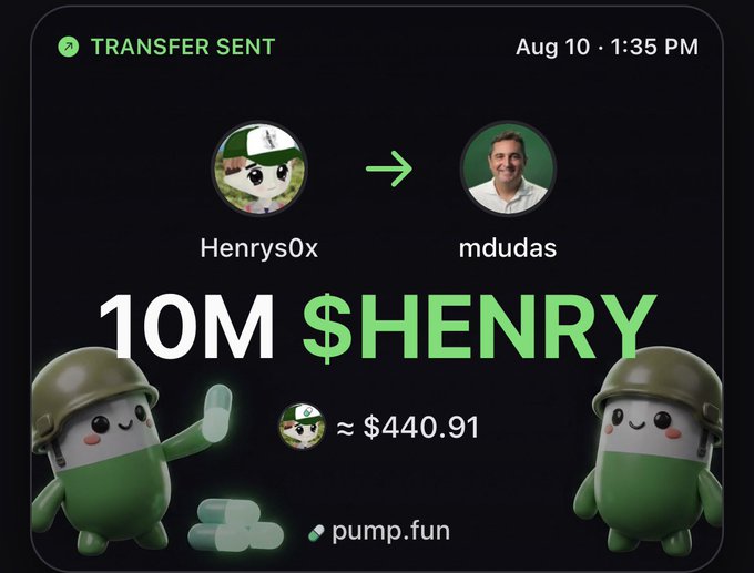 A pump.fun transaction notification showing user "Henrys0x" sent 10M $HENRY tokens (≈$440.91) to "mdudas" on August 10 at 1:35 PM, visualizing the caption's claim of sending 1% of the $HENRY supply to "the goat."