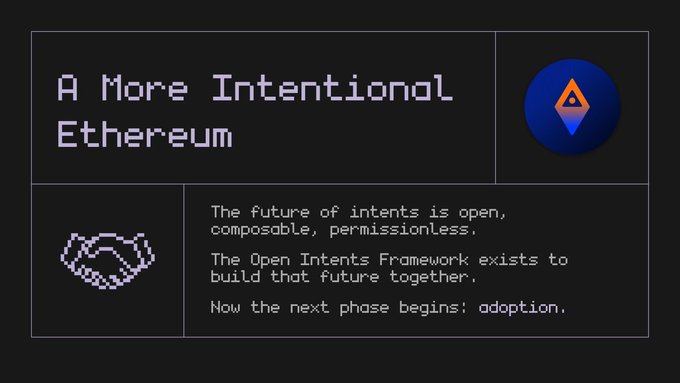 The image shows a poster with text about a more intentional Ethereum project. The poster features two icons - a handshake symbolizing collaboration, and an open intentions framework symbolizing the Open Intents Framework (OI). The text explains that institutions can adopt this project without depending on any one team, which is how on-chain finance grows up.
