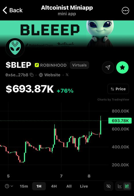 Mobile app screenshot for 'Altcoinist Miniapp' showing the '$BLEEP' token on the Robinhood chain with a price of $693.87K, up 76%, displayed on a TradingView candlestick chart.