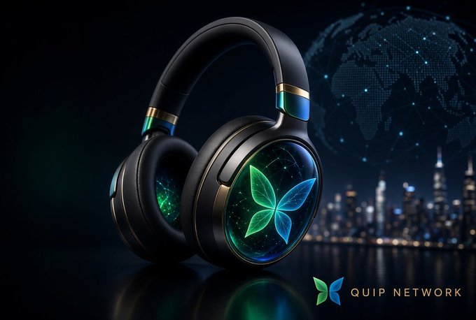 Promotional image for 'QUIP NETWORK' featuring sleek black wireless headphones with a glowing green and blue leaf logo on the ear cups, set against a nighttime cityscape backdrop.
