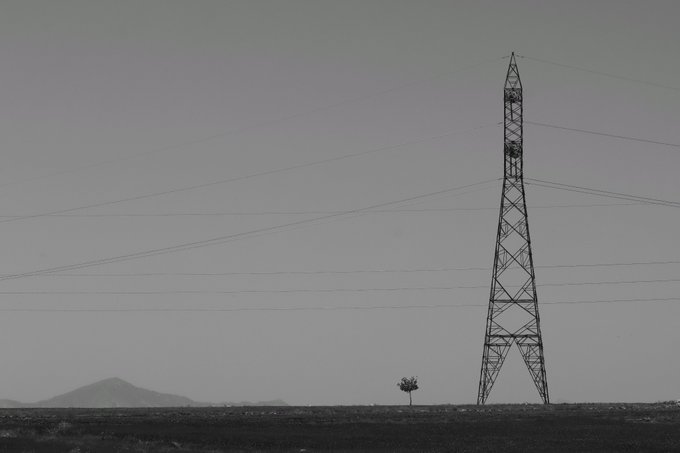 A black and white photograph showing an electrical transmission tower standing in a barren landscape with a small tree nearby and mountains on the horizon.