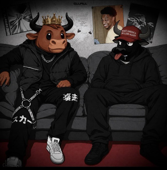 An anime-style illustration shows two anthropomorphic bulls sitting on a couch in dark streetwear; the left wears a gold crown with text "GJAIL" above, and the right wears a red "MAKE AMERICA BULLISH AGAIN" cap. Posters and anime artwork decorate the wall behind them.